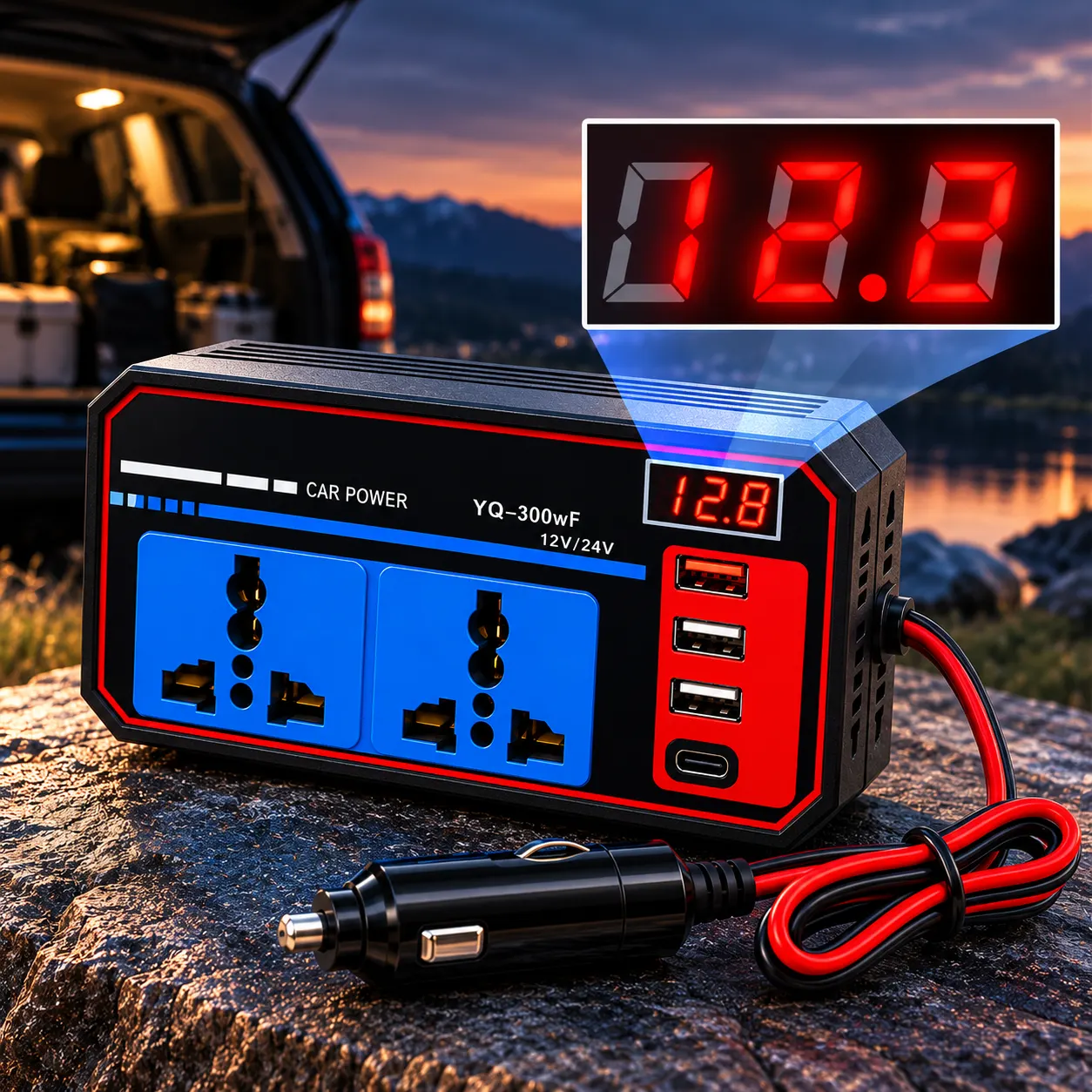 Автомобільний перетворювач напруги YQ-300WF 12/24 В – 220 В, 200 Вт, 3 USB+Type-C з цифровим дисплеєм